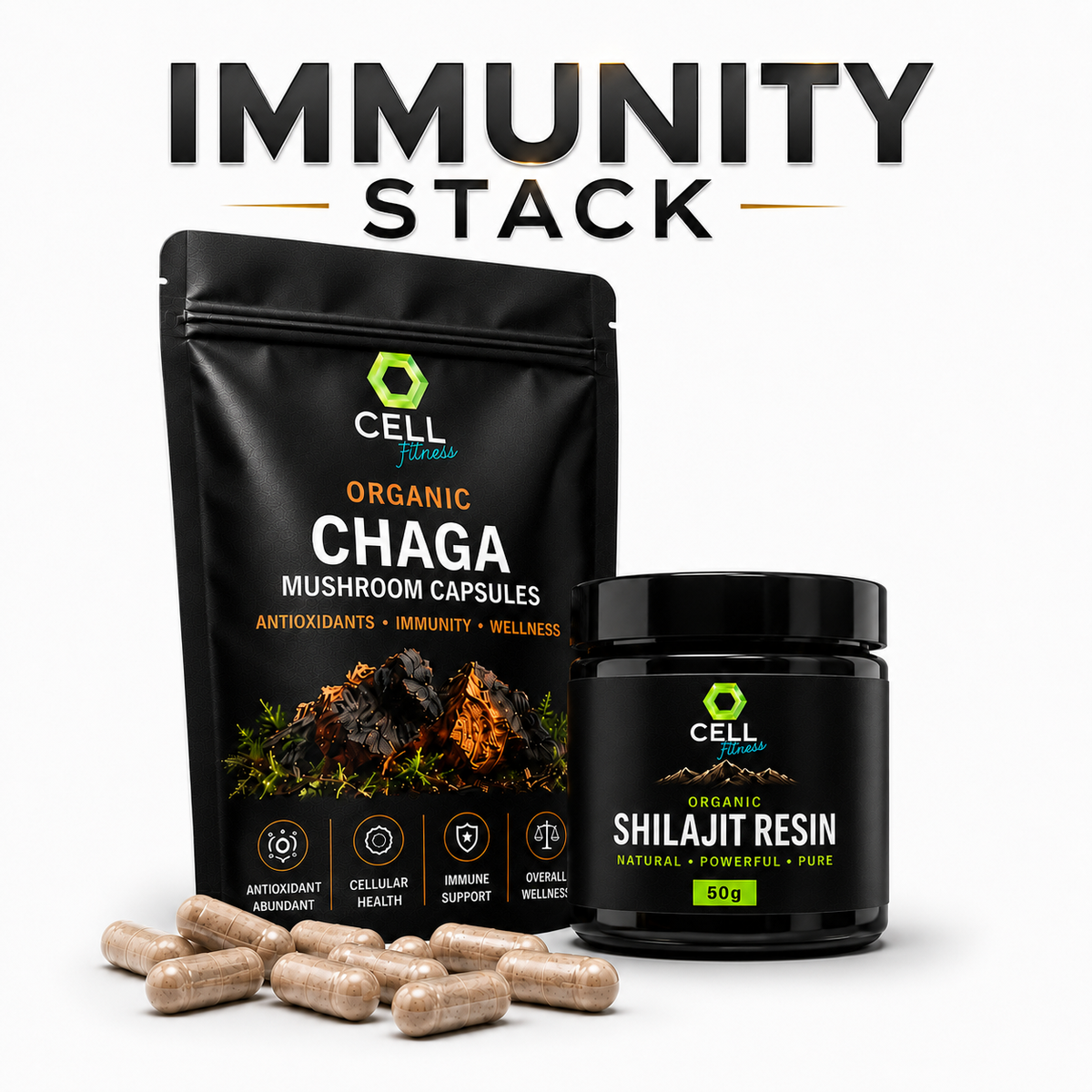 Immunity Stack - 30 Chaga Capsules + 50g Shilajit Resin