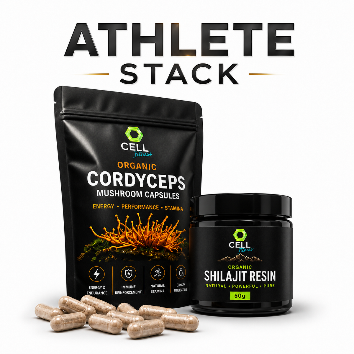 Athlete Stack - 30 Cordecypes Capsules + 50g Shilajit Resin
